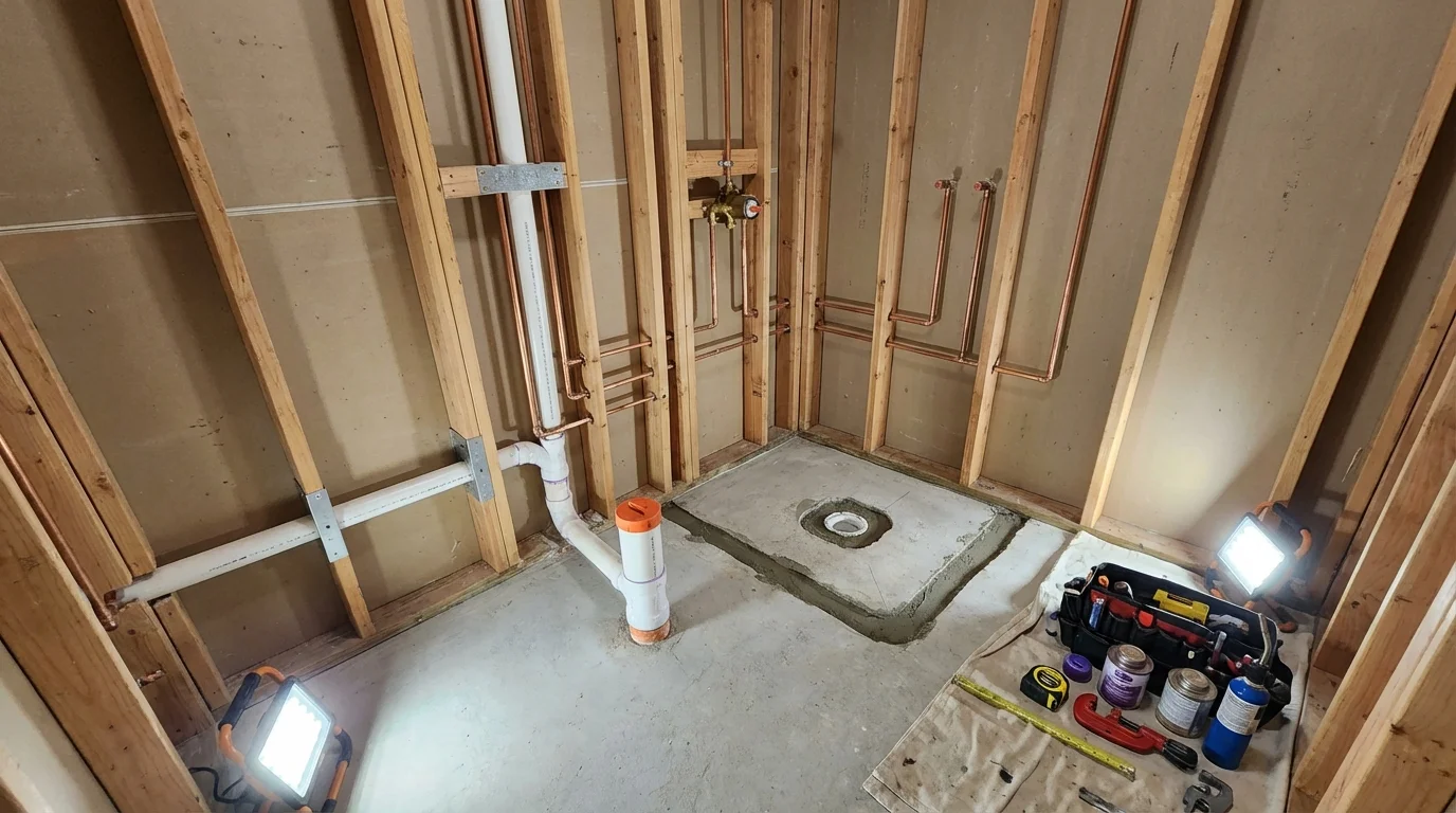 Bathroom rough-in plumbing during remodel by Johns Plumbing LLC in Corbin