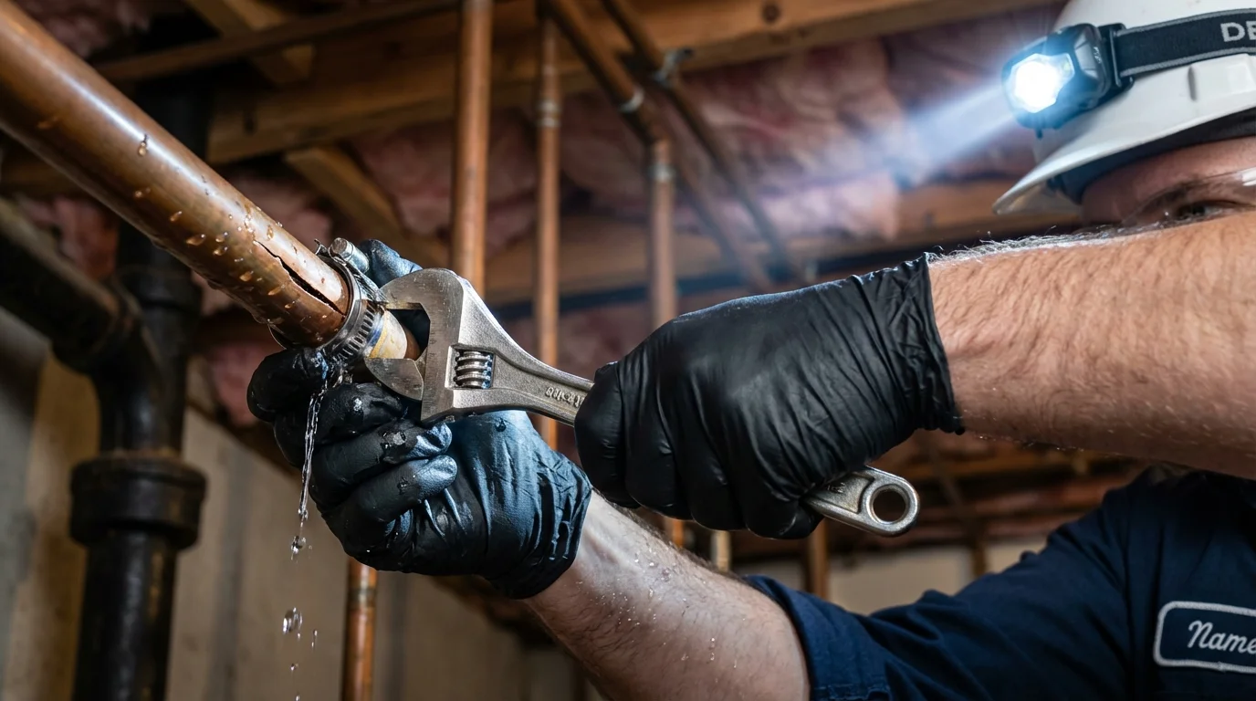 Emergency pipe clamp repair being performed by a Johns Plumbing LLC plumber in Corbin
